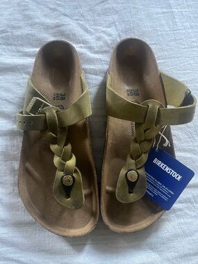 NWT Birkenstock Gizeh Braided Thong Sandals, Olive Green, Size 38 Regular